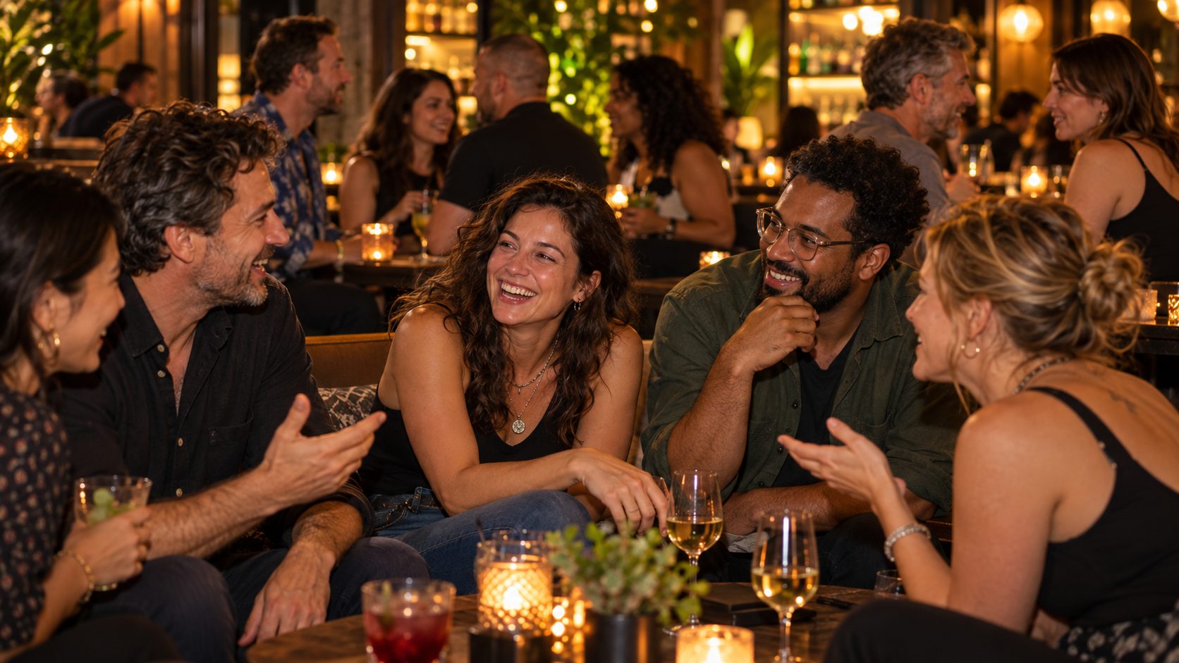 Illustrative photo of adults laughing and talking around a candlelit lounge table; not a Between Us event