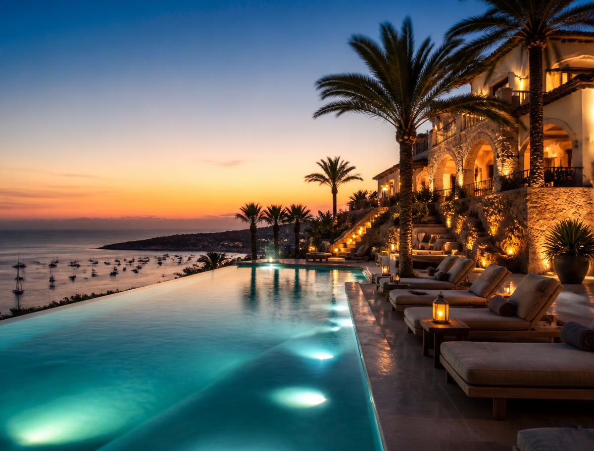 Mediterranean villa with a lit pool at sunset